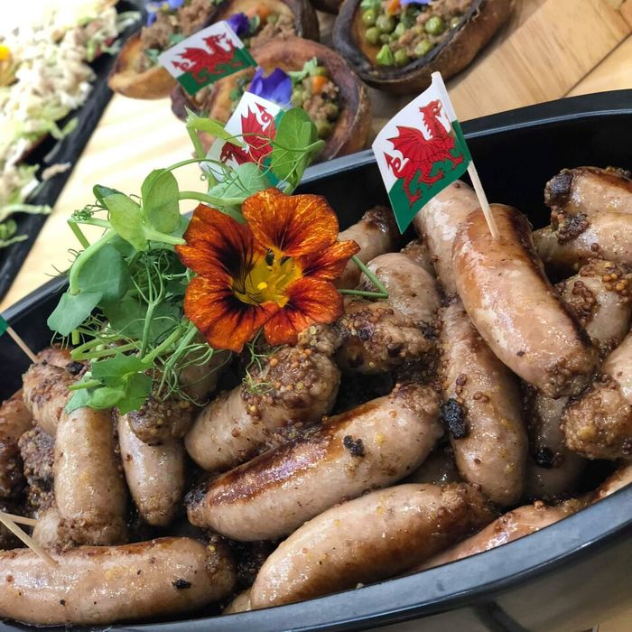Welsh sausages decorated with Welsh flags